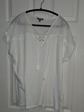Hannah‎ White Lace-Up V-Neck Short Sleeve Tunic